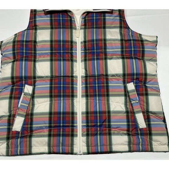 Lands End Down Puffer Vest Womens 1X Cream Tartan Plaid Full Zip - Picture 2 of 7